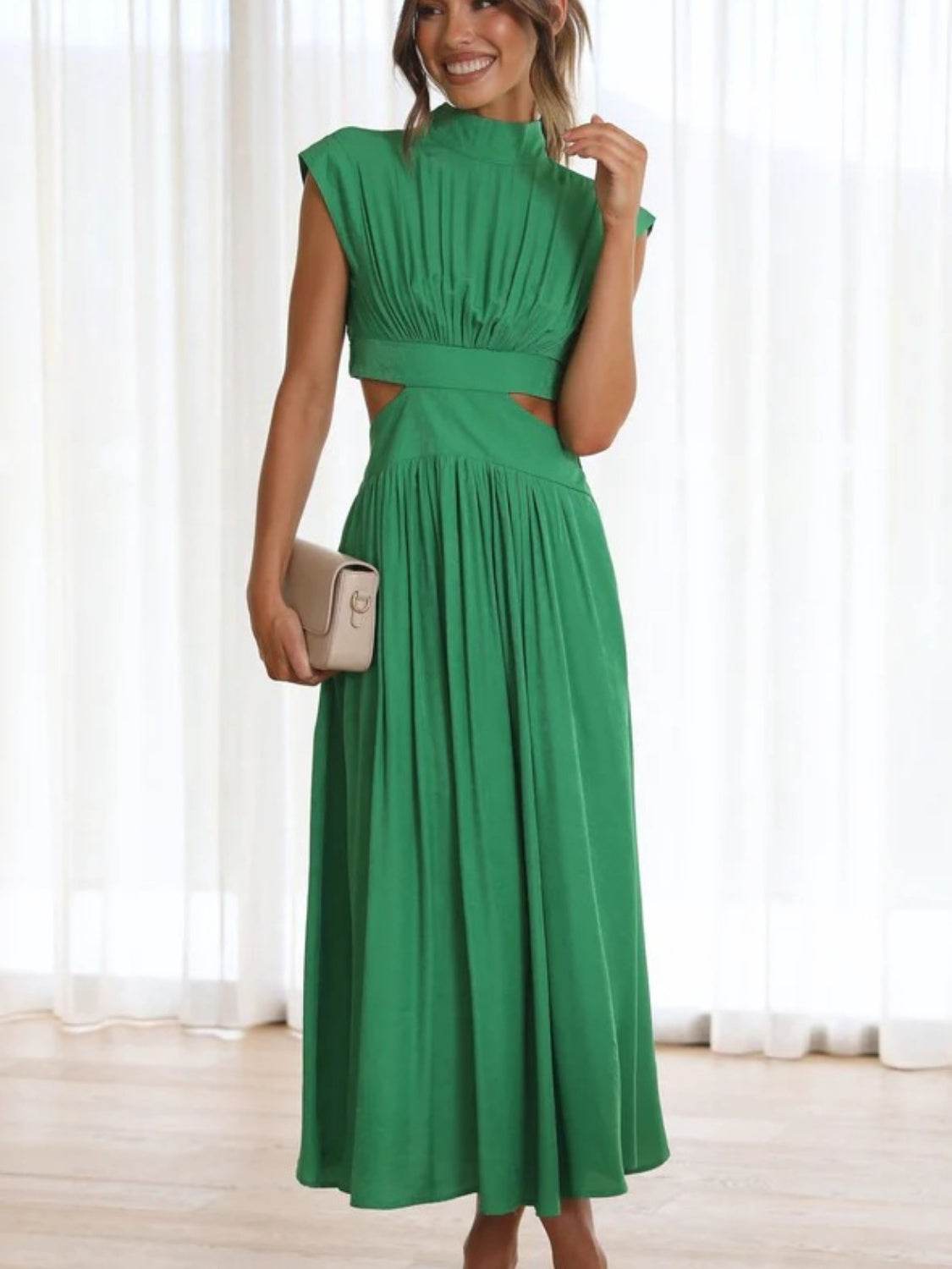 Cutout Mock Neck Sleeveless Ruched Dress - Delanoir