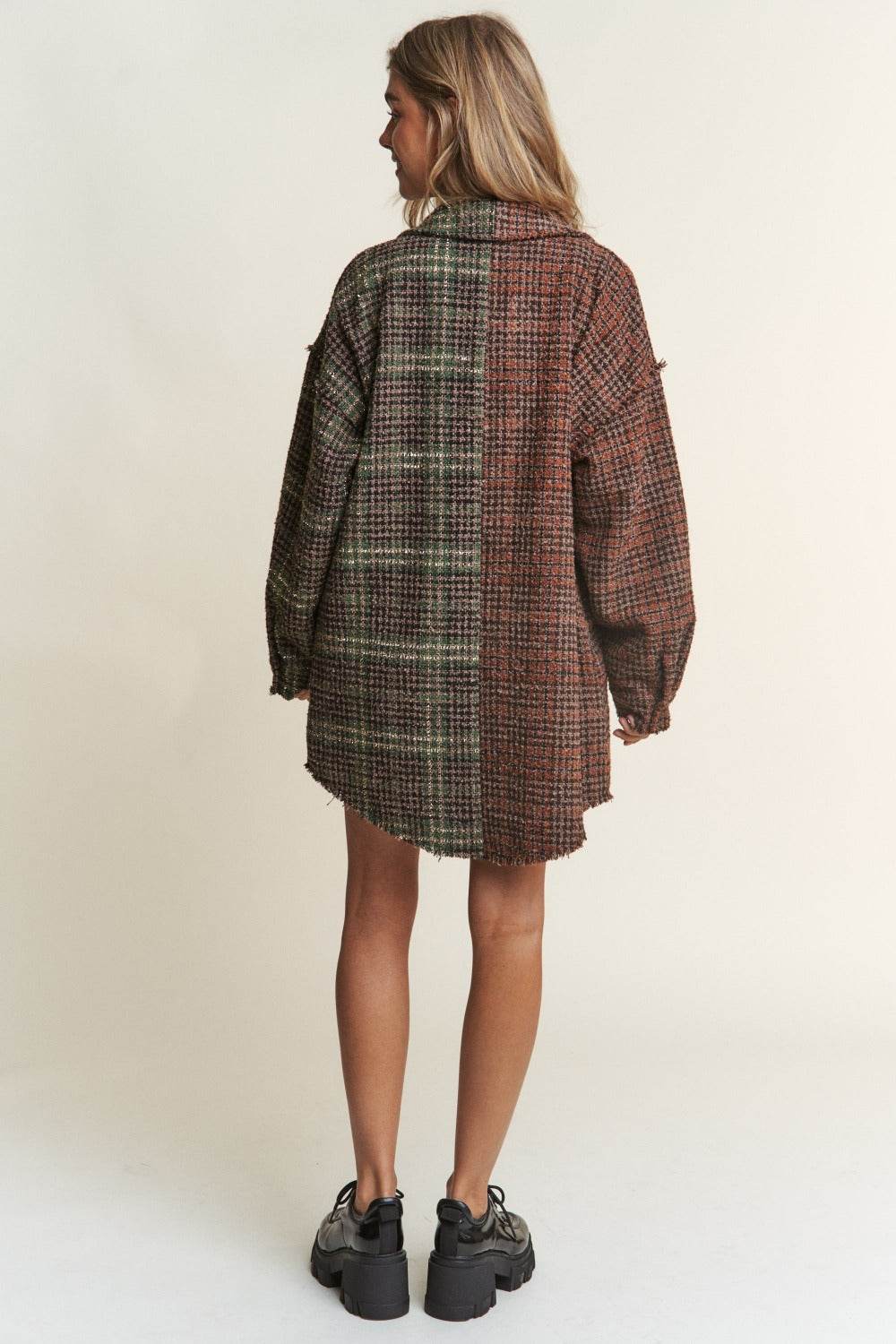 J.NNA Snap Down Tweed Plaid Contrast Longline Shacket - Delanoir