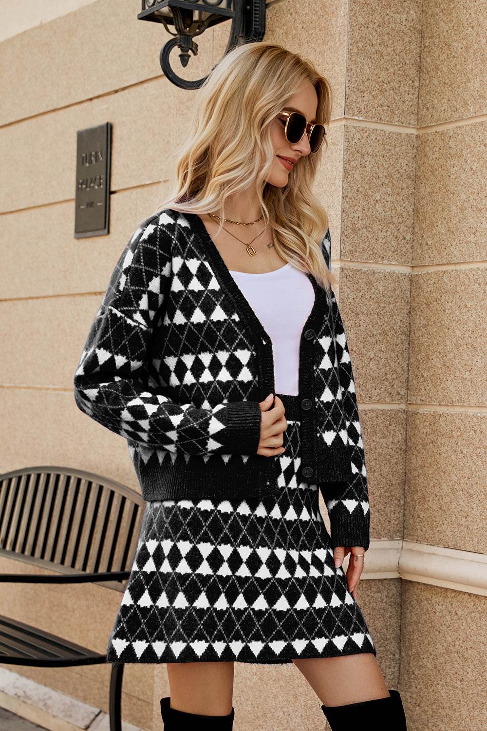 Geometric Button Front Cardigan and Skirt Set - Delanoir