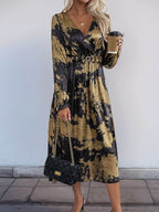 Perfee Printed Surplice Long Sleeve Midi Dress - Delanoir