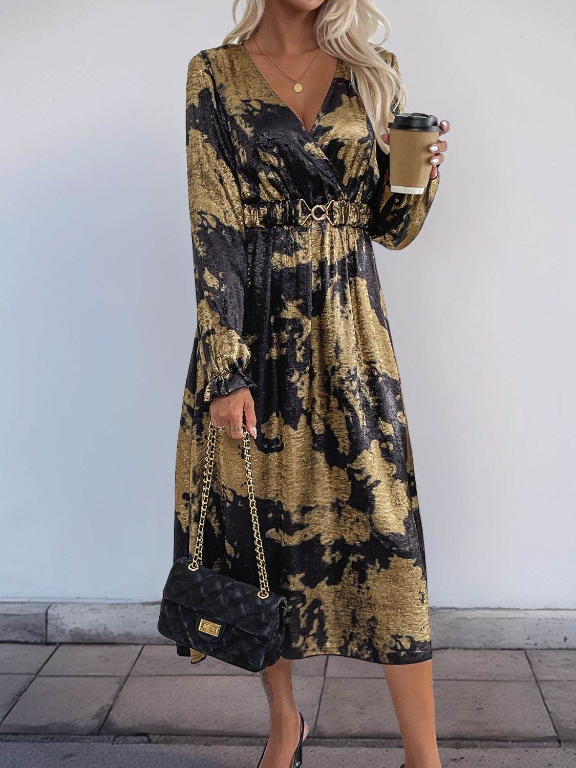 Perfee Printed Surplice Long Sleeve Midi Dress - Delanoir