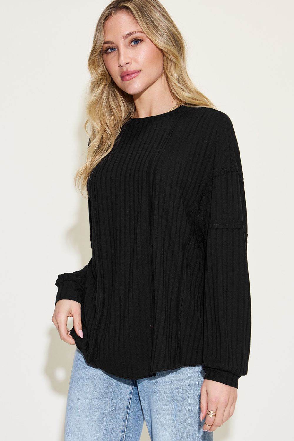 Basic Bae Full Size Ribbed Round Neck Long Sleeve T-Shirt - Delanoir