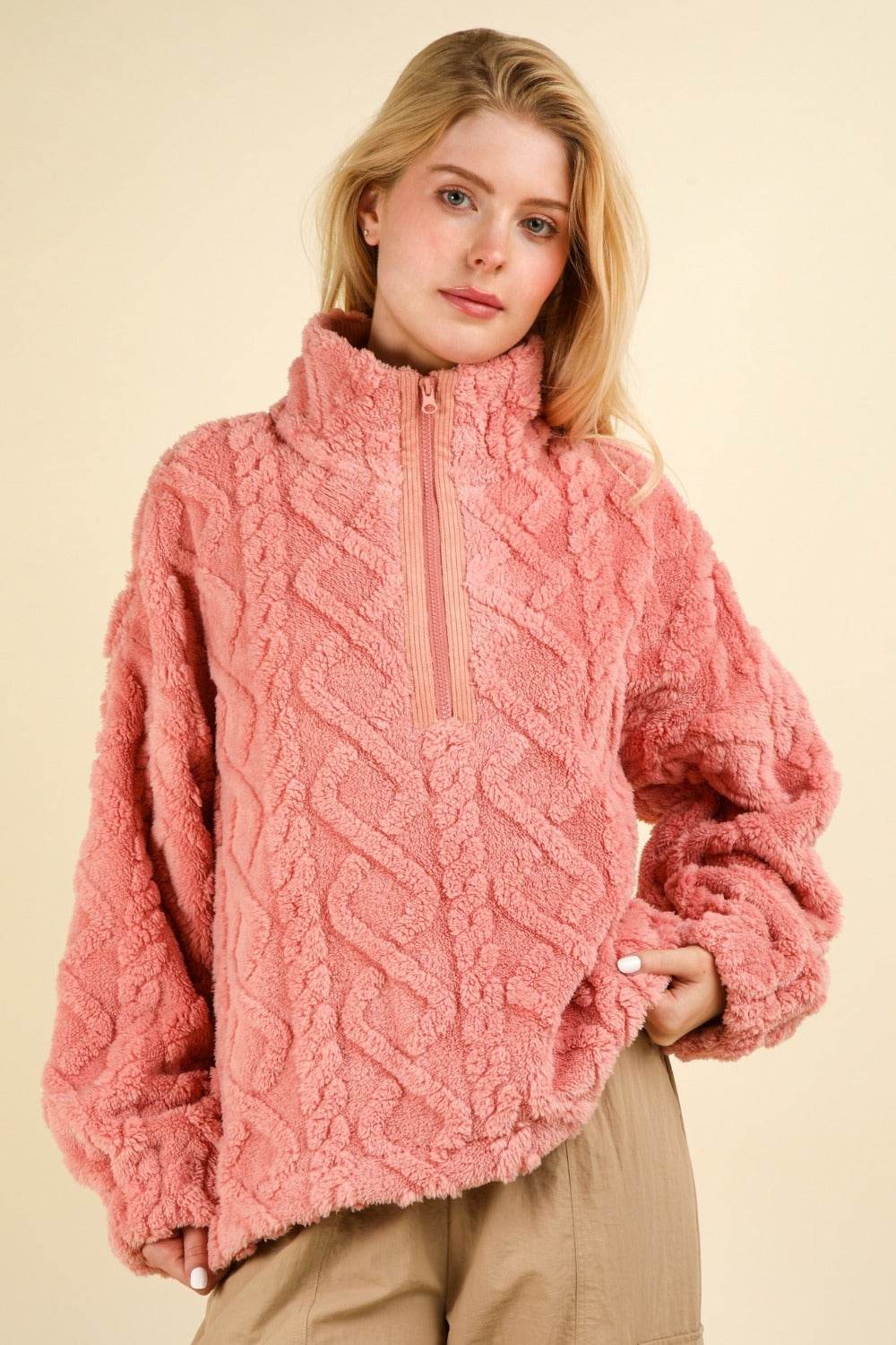 VERY J Fuzzy Fleece Half Zip Cable Pattern Sweatshirt - Delanoir