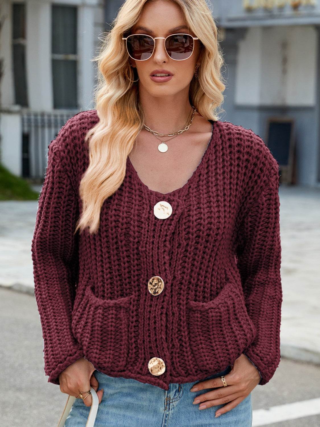 Round Neck Button Up Cardigan with Pockets - Delanoir