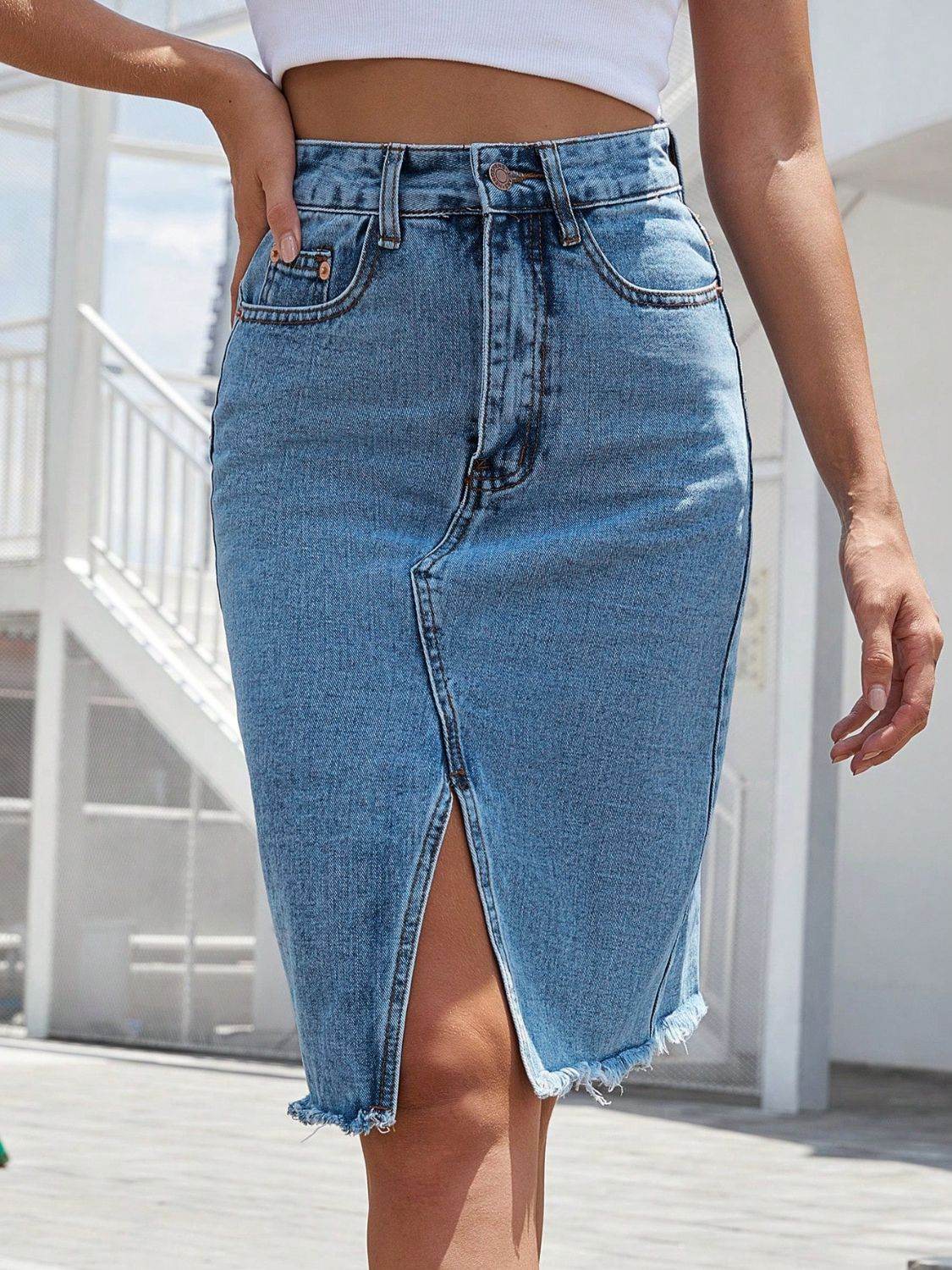 Raw Hem Slit Denim Skirt - Delanoir