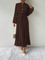 Half Button Tie Waist Long Sleeve Maxi Dress - Delanoir