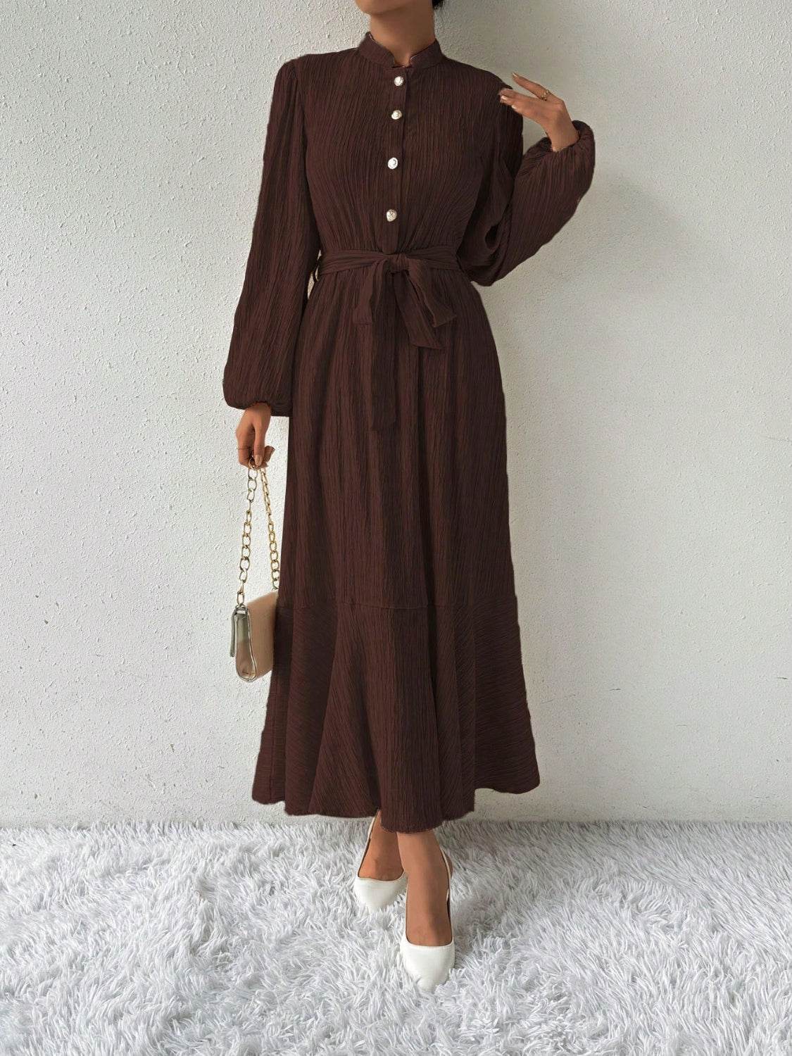 Half Button Tie Waist Long Sleeve Maxi Dress - Delanoir