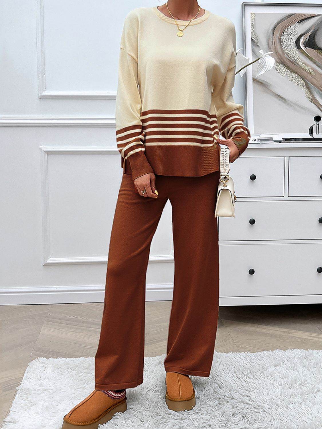 Devine Slit Striped Round Neck Top and Pants Sweater Set - Delanoir