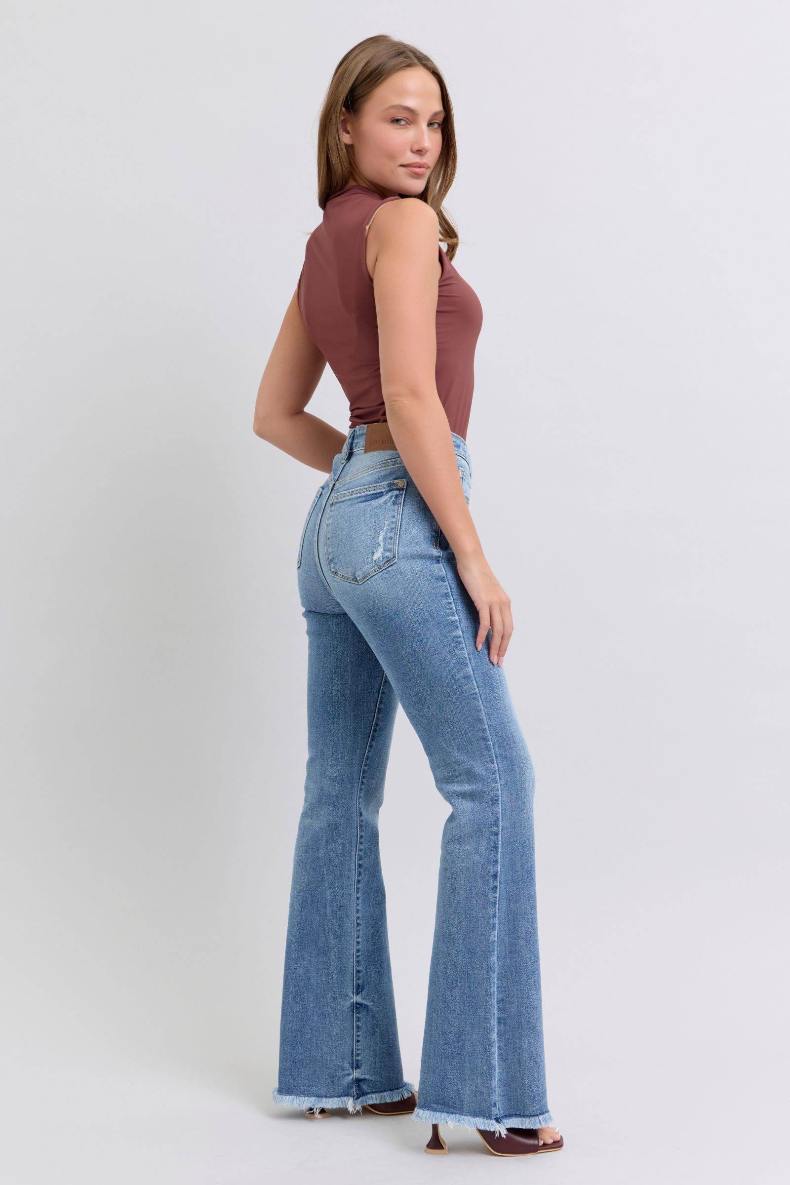 Judy Blue Full Size Raw Hem High Rise Bootcut Jeans - Delanoir