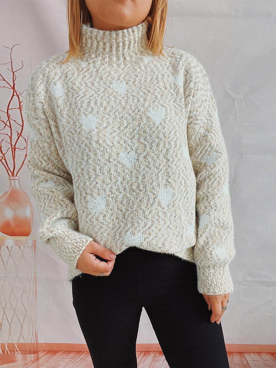 Heart Heathered Turtleneck Drop Shoulder Sweater - Delanoir