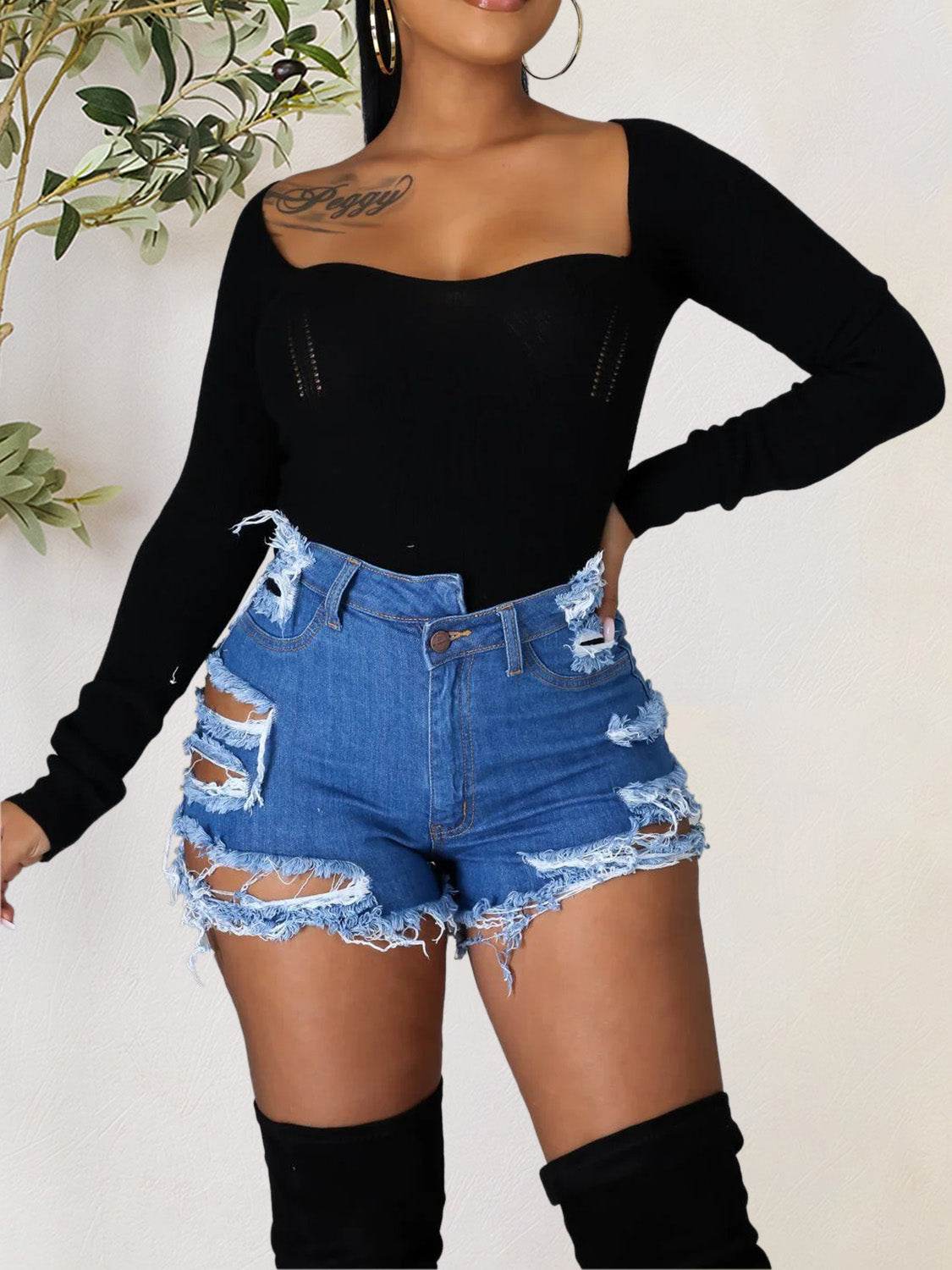 Distressed Raw Hem Denim Shorts with Pockets - Delanoir