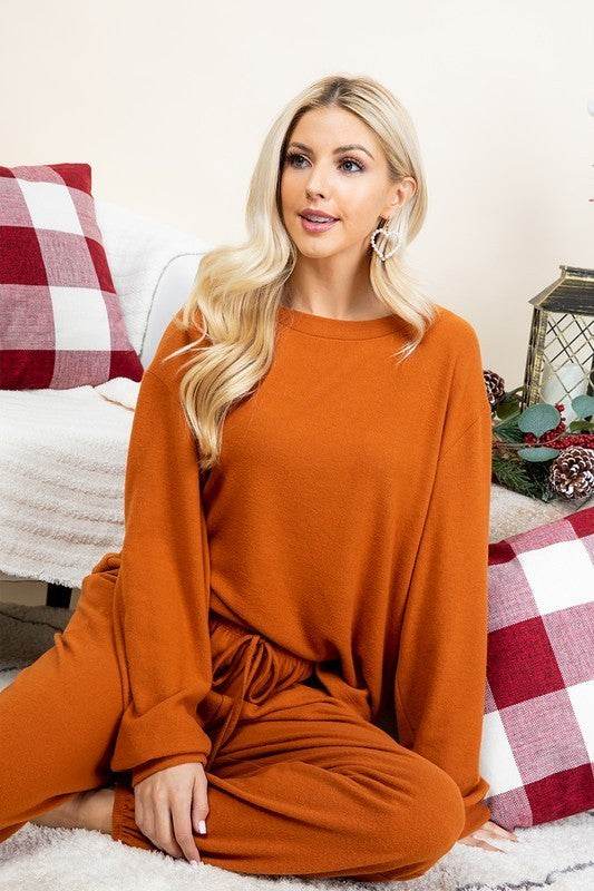 Super Lady Full Size Fuzzy Hacci Brush Round Neck Top and Pants Lounge Set - Delanoir