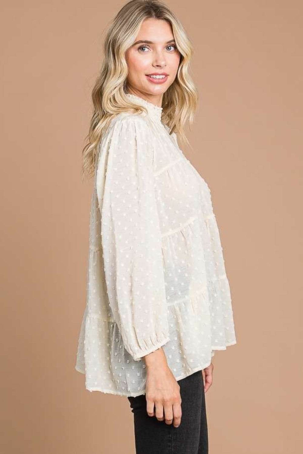 Culture Code Full Size Swiss Dot Smocked Mock Neck Blouse - Delanoir