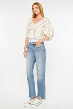 Kancan Mid Rise Frayed Hem Straight Jeans - Delanoir