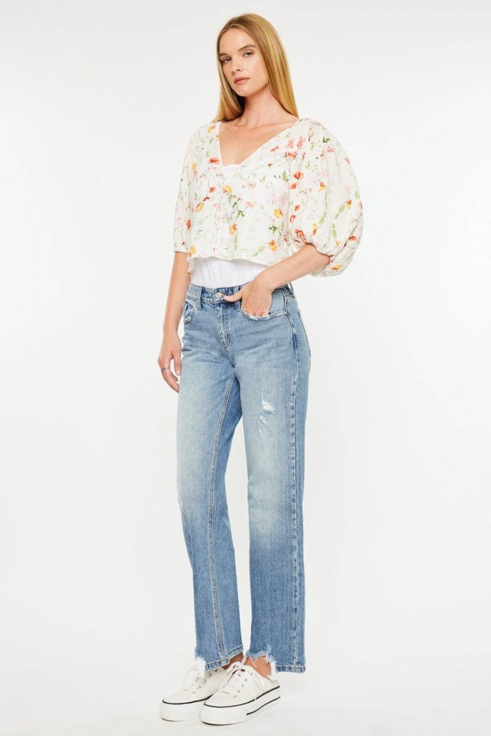 Kancan Mid Rise Frayed Hem Straight Jeans - Delanoir