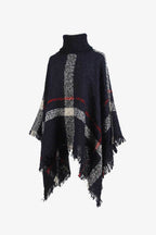 Plaid Turtleneck Raw Hem Poncho - Delanoir