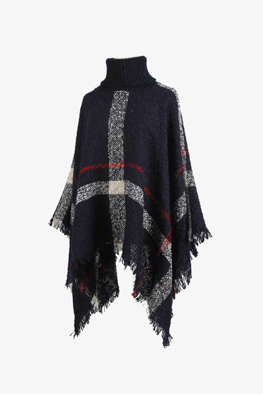 Plaid Turtleneck Raw Hem Poncho - Delanoir