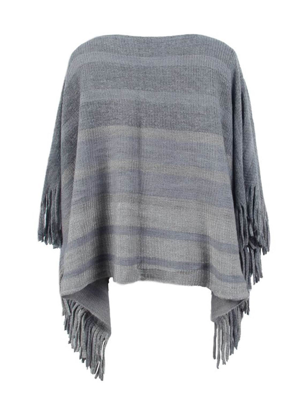 Striped Boat Neck Poncho with Fringes - Delanoir