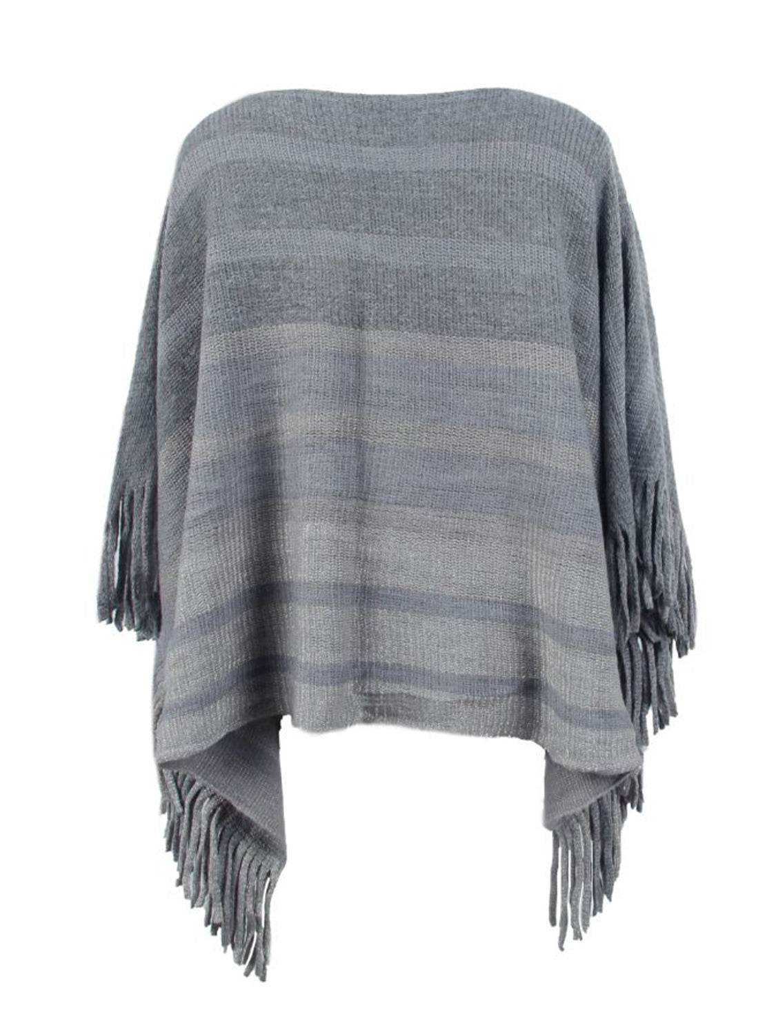 Striped Boat Neck Poncho with Fringes - Delanoir
