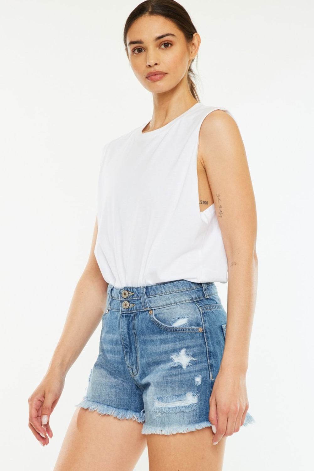 Kancan Full Size High Rise Raw Hem Denim Shorts - Delanoir