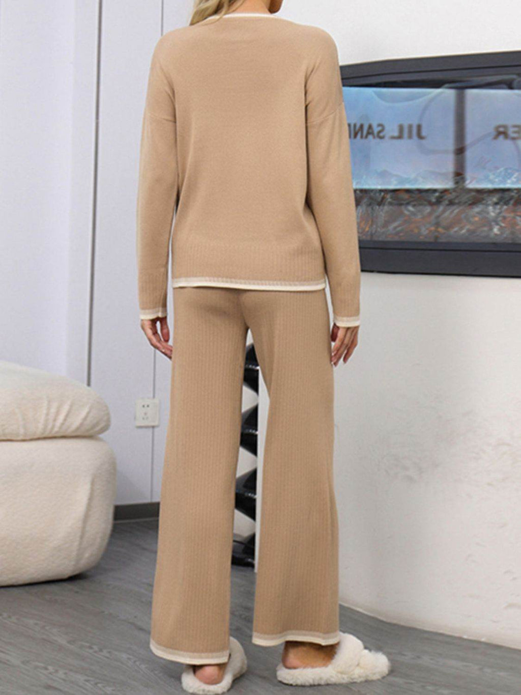 Contrast Trim Round Neck Top and Pants Sweater Set - Delanoir