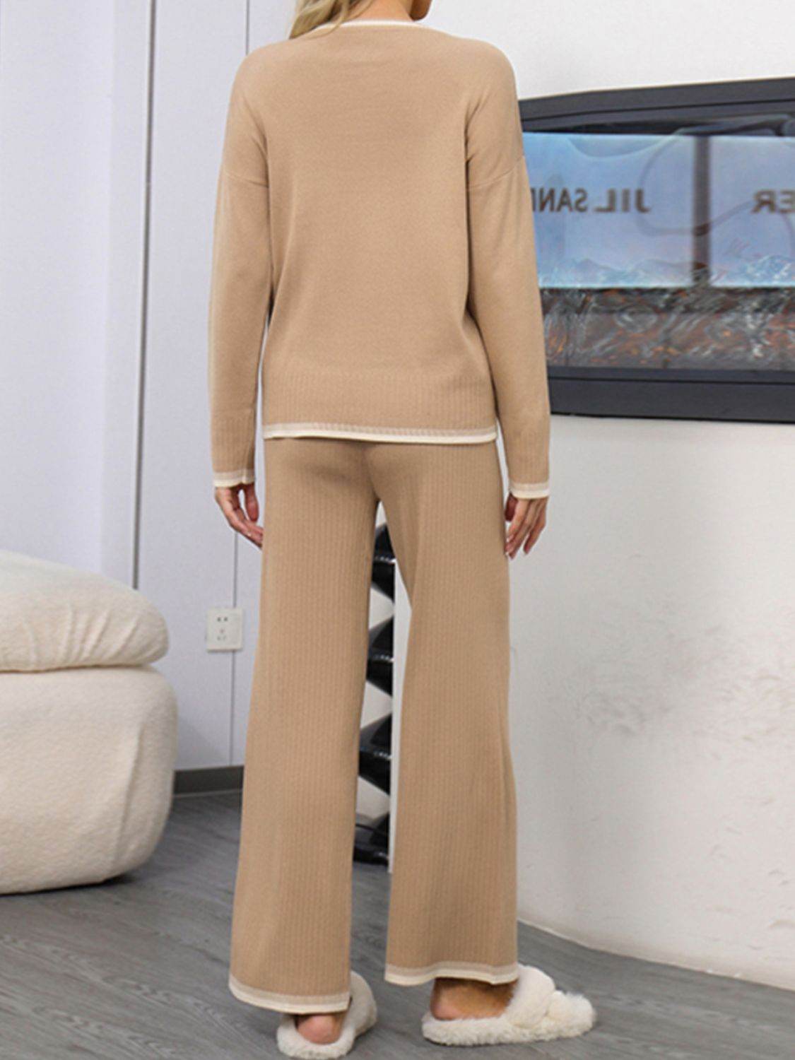 Contrast Trim Round Neck Top and Pants Sweater Set - Delanoir