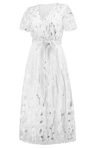 Sequin Leaf Embroidery Tie Front Short Sleeve Dress - Delanoir