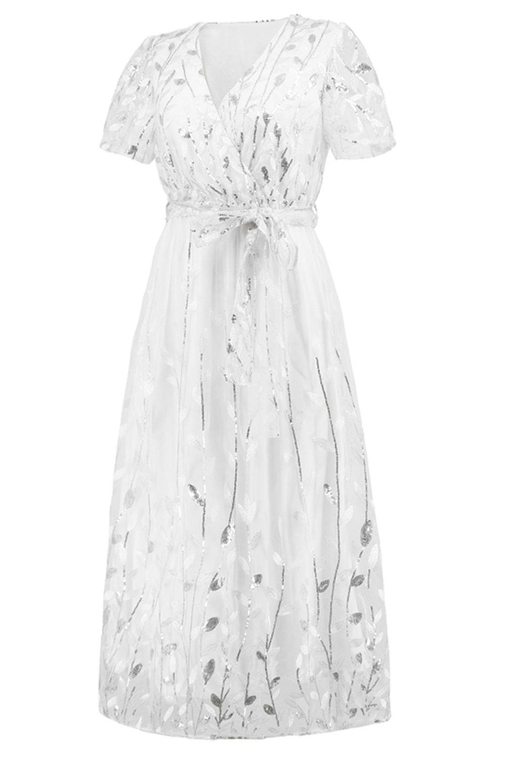 Sequin Leaf Embroidery Tie Front Short Sleeve Dress - Delanoir