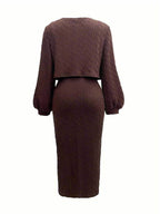 Open Front Long Sleeve Cardigan and Side Slit Cami Dress Set - Delanoir