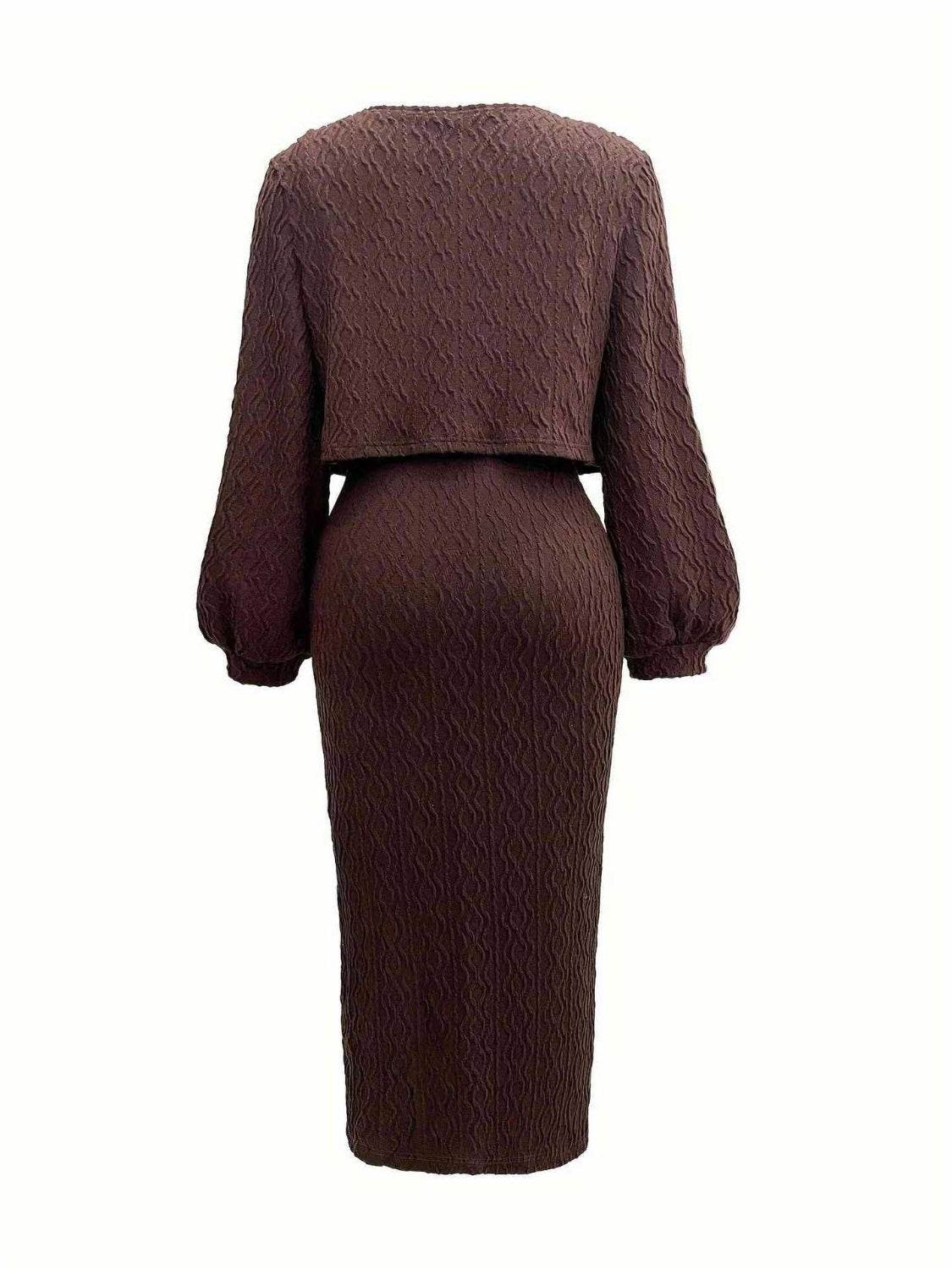 Open Front Long Sleeve Cardigan and Side Slit Cami Dress Set - Delanoir