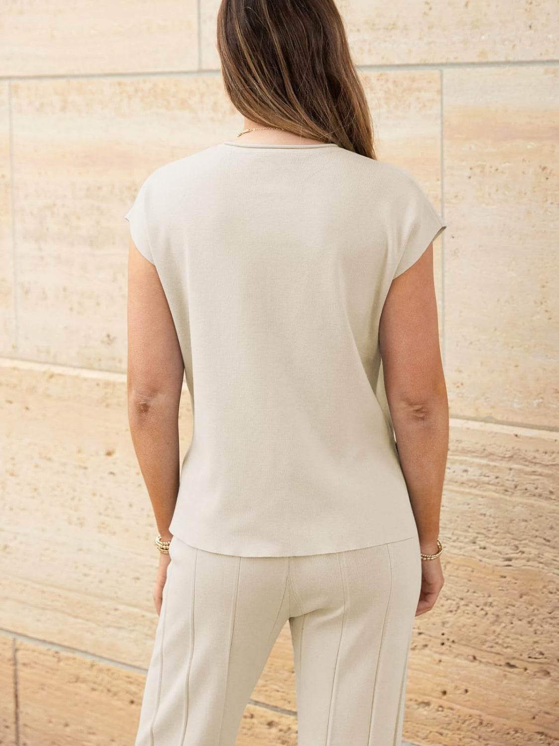 Round Neck Cap Sleeve Top and Pants Knit Set - Delanoir
