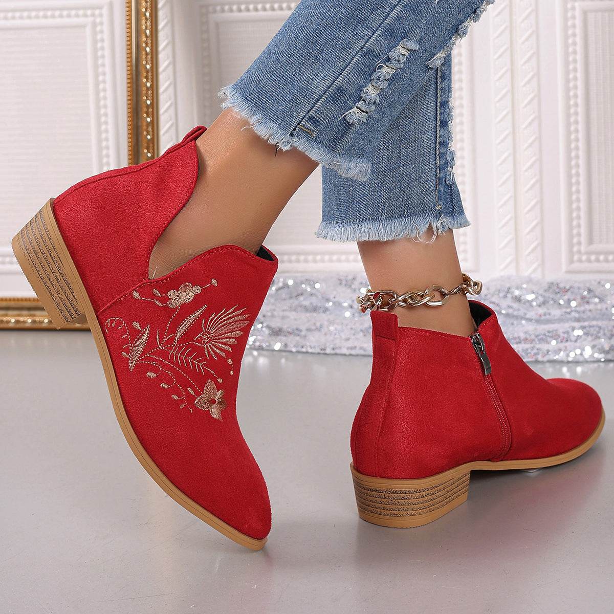 Embroidered Suede Point Toe Block Heel Boots - Delanoir
