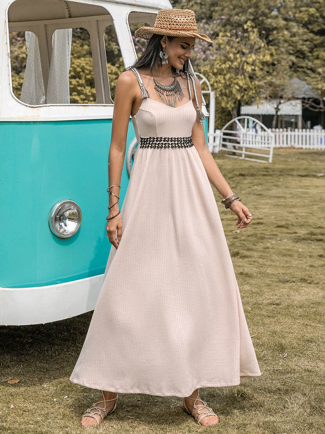 Waffle-Knit Tied Spaghetti Strap Dress - Delanoir