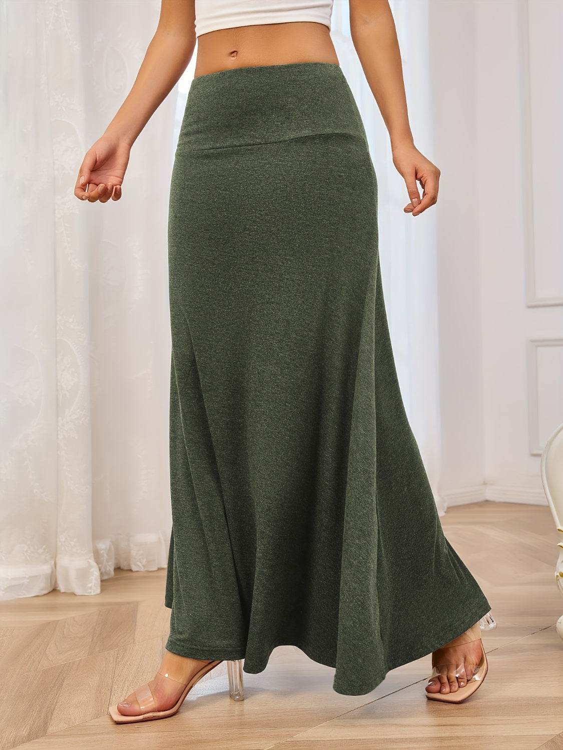 Solid Elastic Waist Maxi Skirt - Delanoir