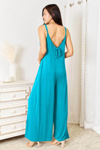 Double Take Full Size Soft Rayon Spaghetti Strap Tied Wide Leg Jumpsuit - Delanoir