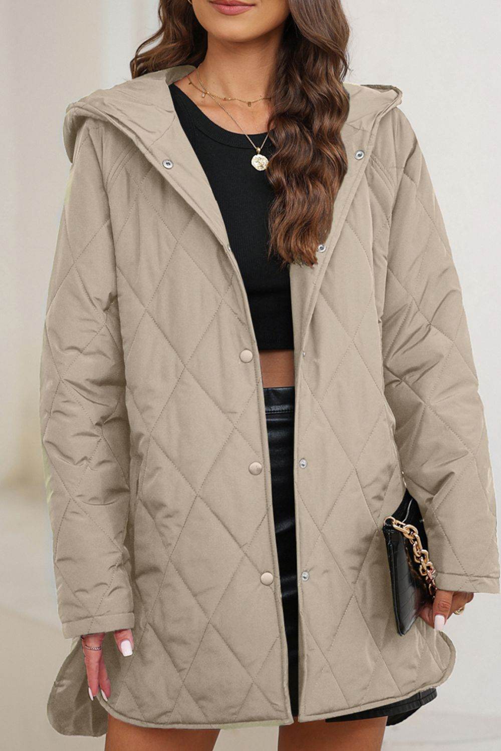 Snap Down Long Sleeve Quilted Winter Coat - Delanoir