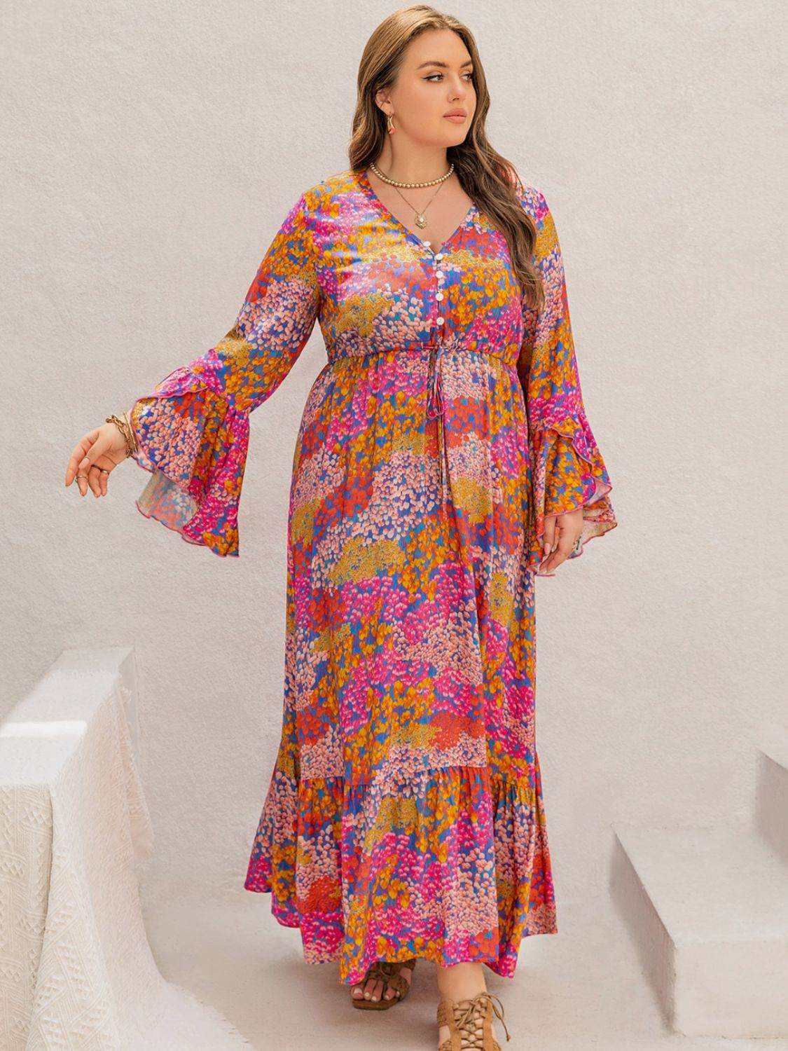 Plus Size Printed V-Neck Long Sleeve Maxi Dress - Delanoir