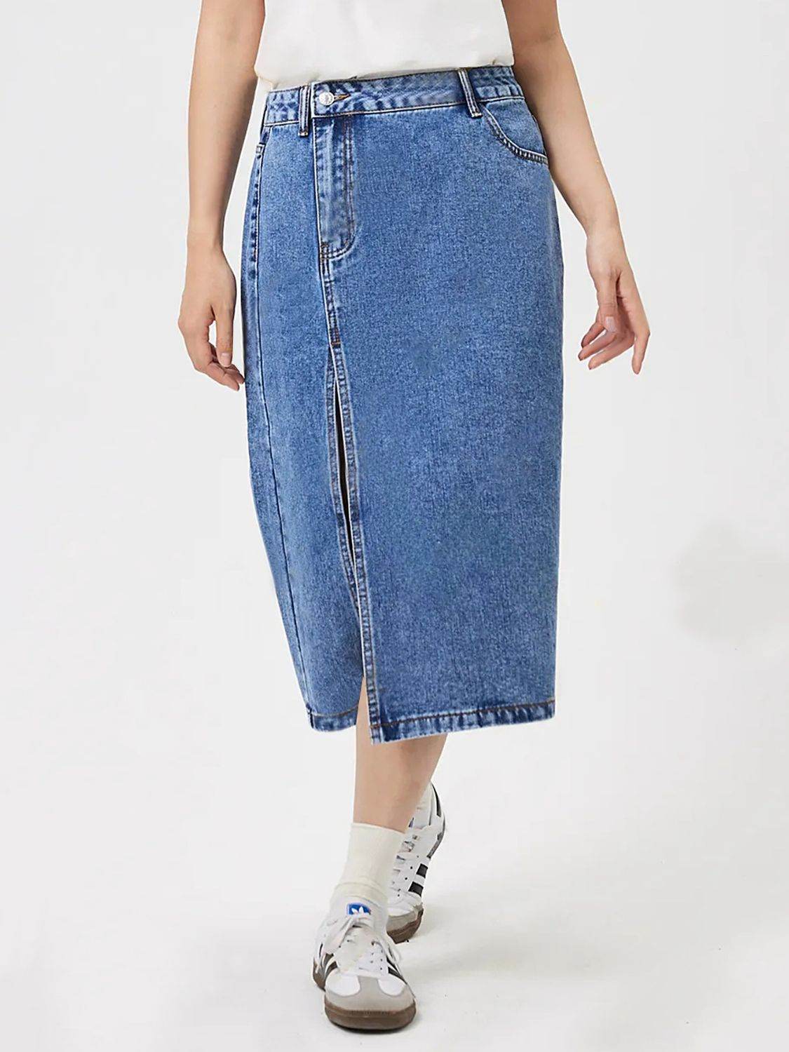 Slit Midi Denim Skirt with Pockets - Delanoir