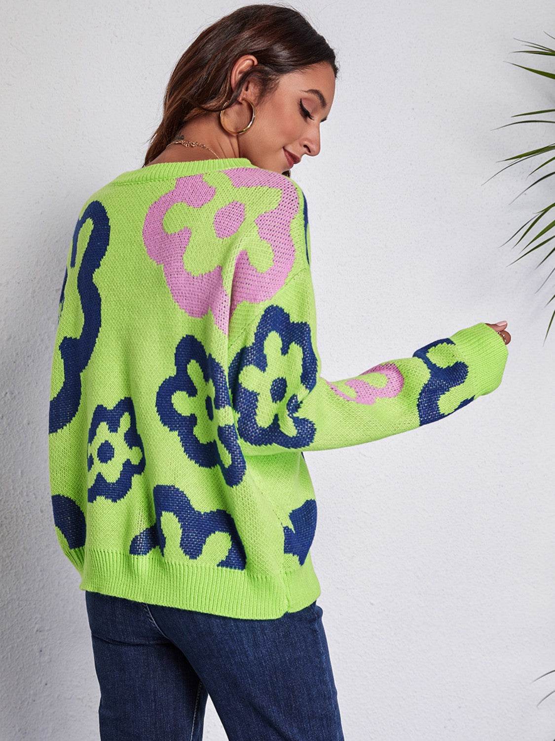 Flower Pattern Round Neck Long Sleeve Sweater - Delanoir