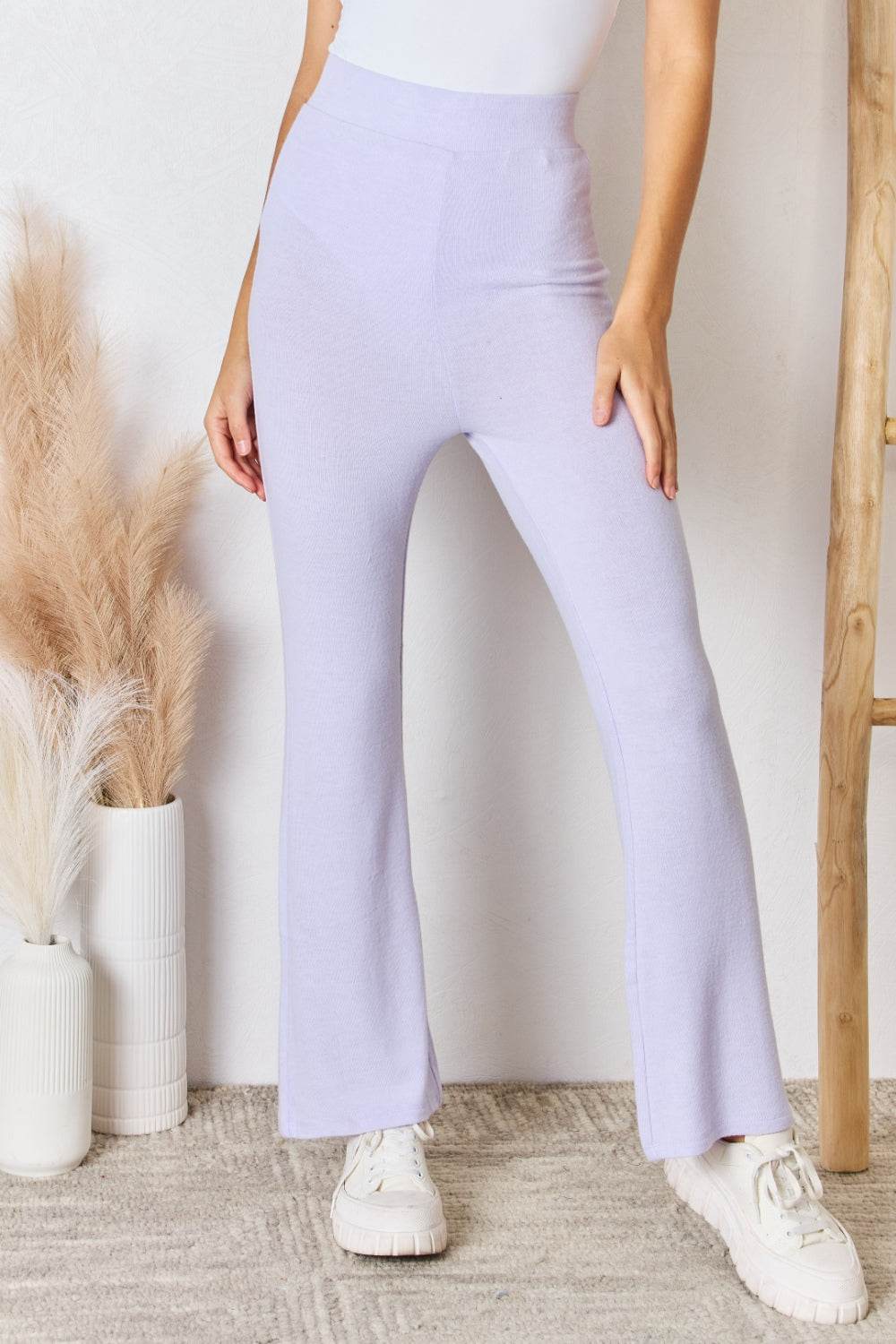 RISEN Full Size High Waist Ultra Soft Knit Flare Pants - Delanoir