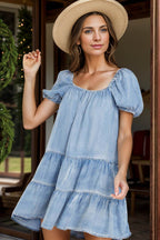 Square Neck Puff Sleeve Denim Dress - Delanoir