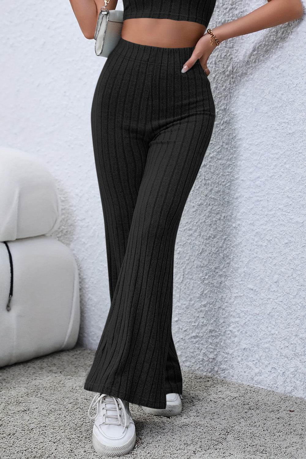 Basic Bae Full Size Ribbed High Waist Flare Pants - Delanoir