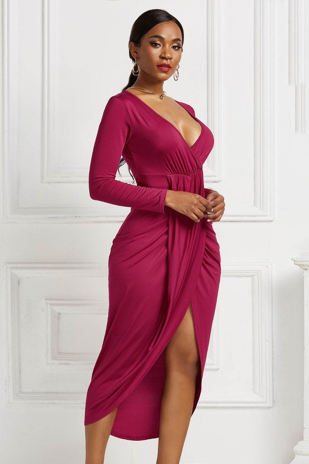 High-low Ruched Surplice Long Sleeve Dress - Delanoir