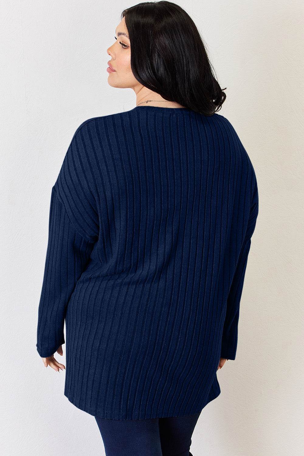 Basic Bae Full Size Ribbed Half Button Long Sleeve High-Low T-Shirt - Delanoir