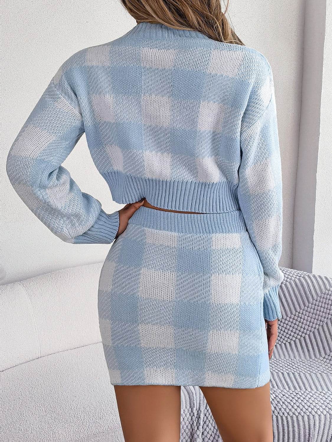 Plaid Round Neck Top and Skirt Sweater Set - Delanoir