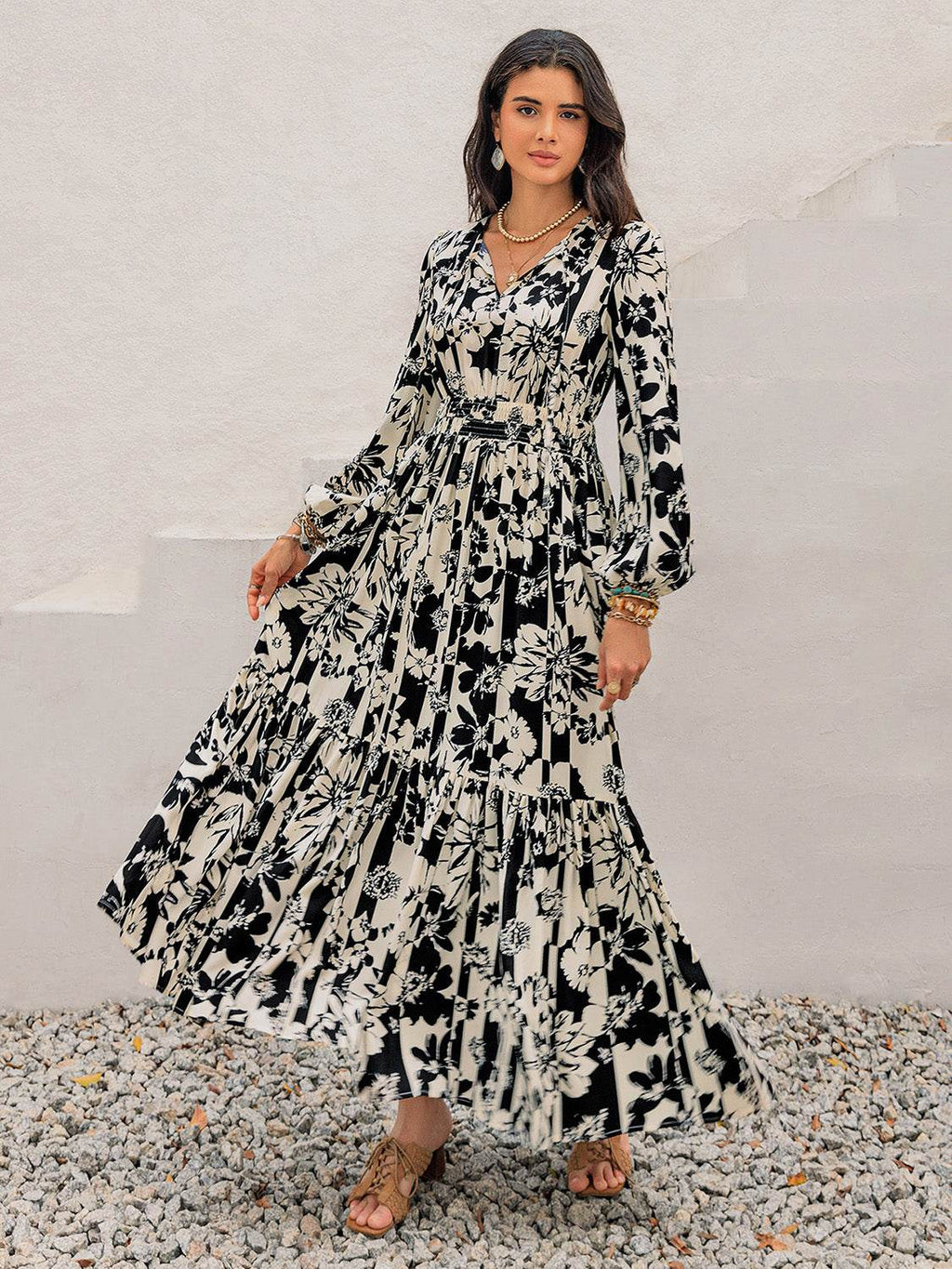 Smocked Printed Tie Neck Long Sleeve Dress - Delanoir