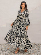 Smocked Printed Tie Neck Long Sleeve Dress - Delanoir