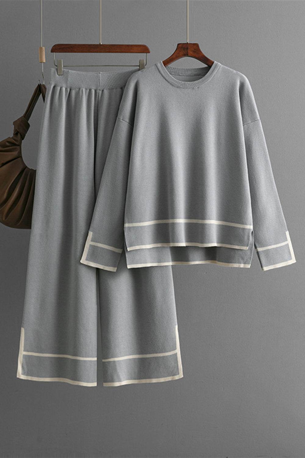High-Low Round Neck Top and Pants Sweater Set - Delanoir