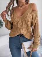 Cable-Knit Cold Shoulder Long Sleeve Sweater - Delanoir
