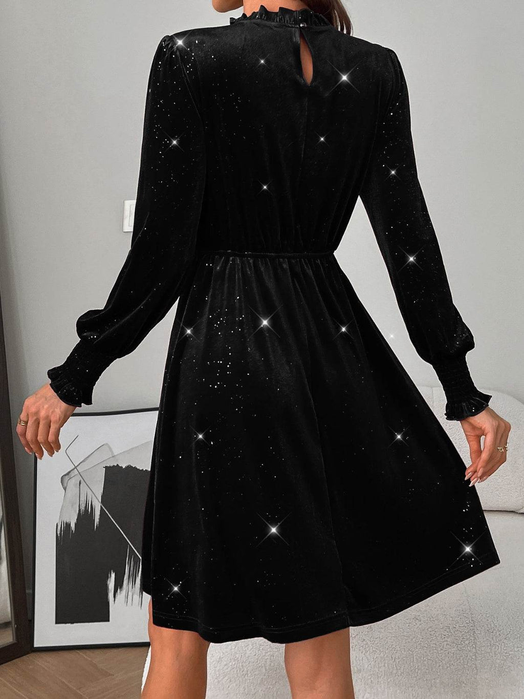 Glitter Mock Neck Long Sleeve Mini Dress - Delanoir